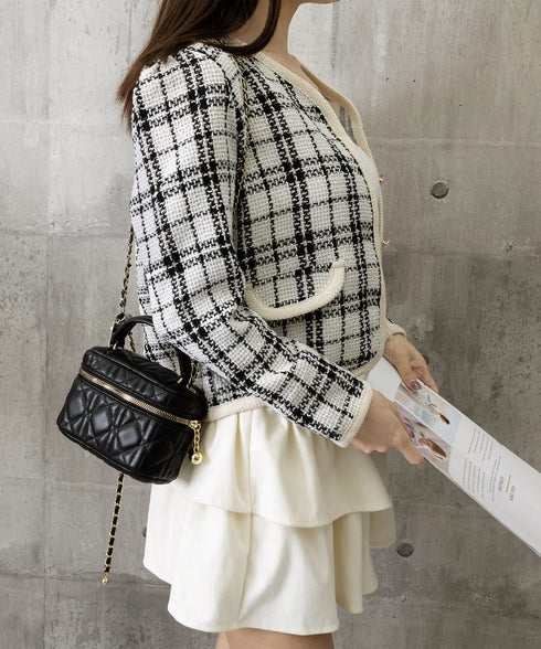 韓国風ツイードジャケット ライトアウター チェック柄ショートジャケットレディース カジュアル春秋上着 おしゃれ きれいめ 通勤服OL羽織り 着やせアウター 細見え 6QINGROU-002